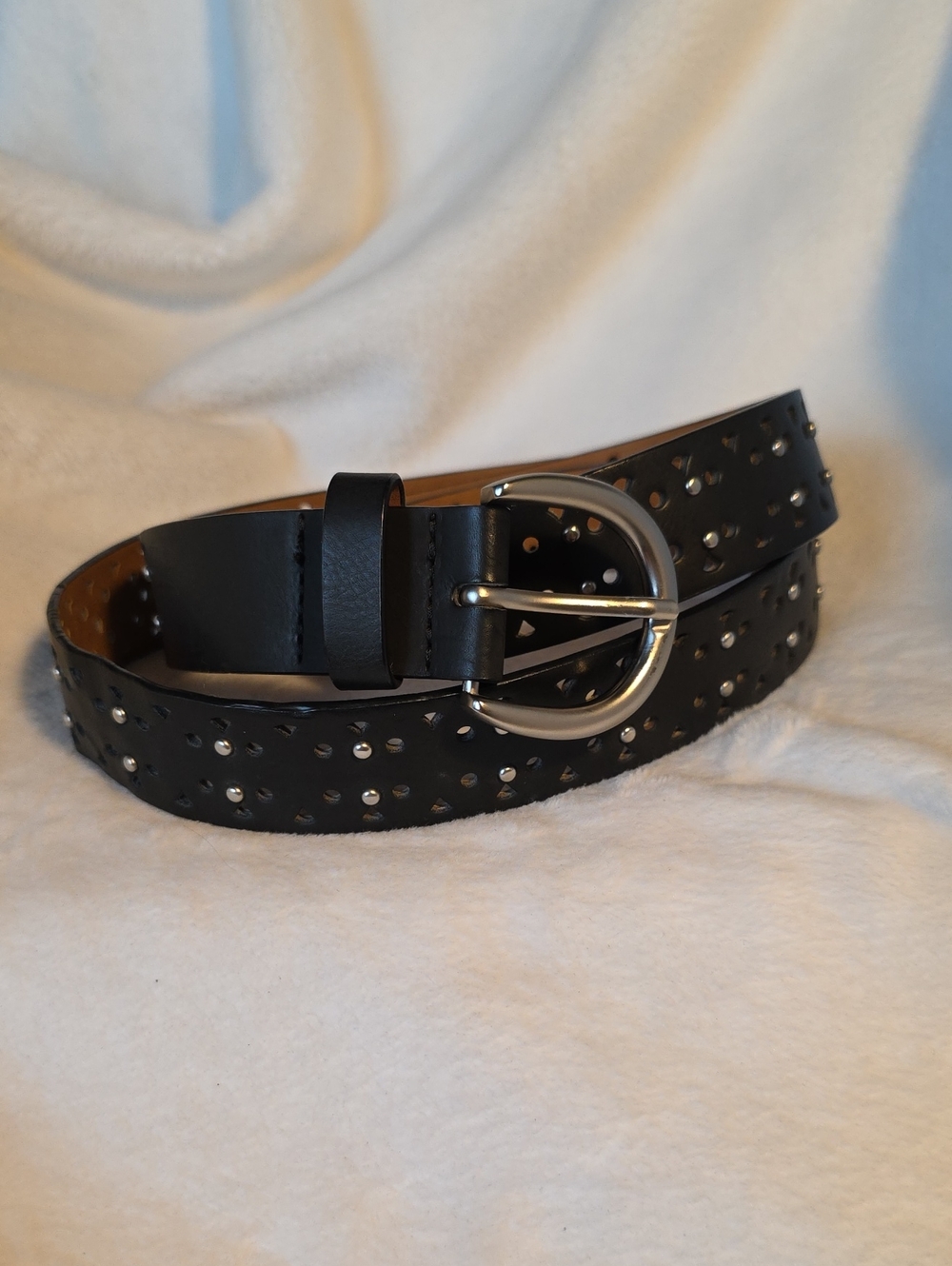 Studded Black Leather Women's Belt with Silver Buckle